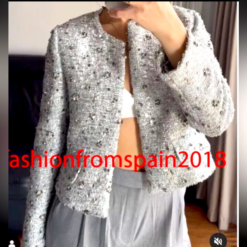 Zara ZW TWEED WEAVE TEXTURE SEQUIN CROPPED JACKET Blazer Silver/Gray NEW